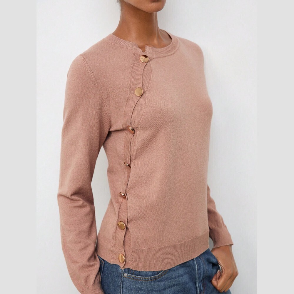 Dusty Rose Knit Gold Button Asymmetric Side Placket Cardigan Sweater